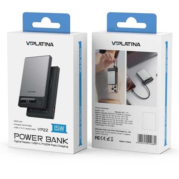 پاوربانک وایرلس 15W وی آی پلاتینا VIPLATINA VP22 ظرفیت 5000 میلی آمپر ساعت