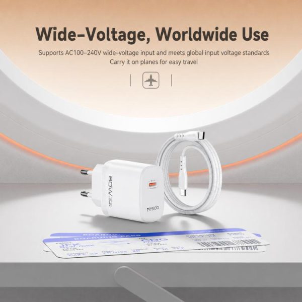 شارژر دیواری فست شارژ یسیدو YC115 +کابل TypeC/TypeC
