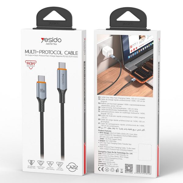 کابل Type-C به Type-C یسیدو YESIDO CA212 طول 1.2 متر 140 وات